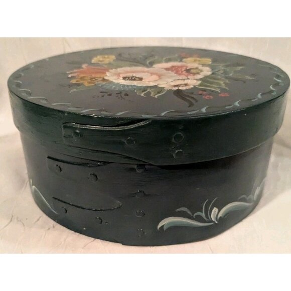 Norwegian Rosemaling Wooden Box Roses Round Lid Flowers Handpainted Signed Vtg - Picture 12 of 16